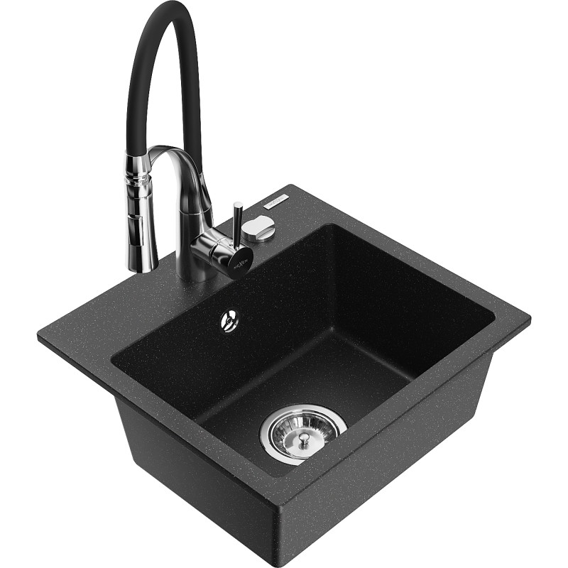 Mexen Milo granitspüle 1-beckig mit Küchenarmatur Aster, schwarz/silber metallik - 6505-73-73450-07