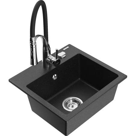 Mexen Milo granit gootsteen 1-komor met keukenmengkraan Aster, zwart/zilveren metallic - 6505-73-73450-07
