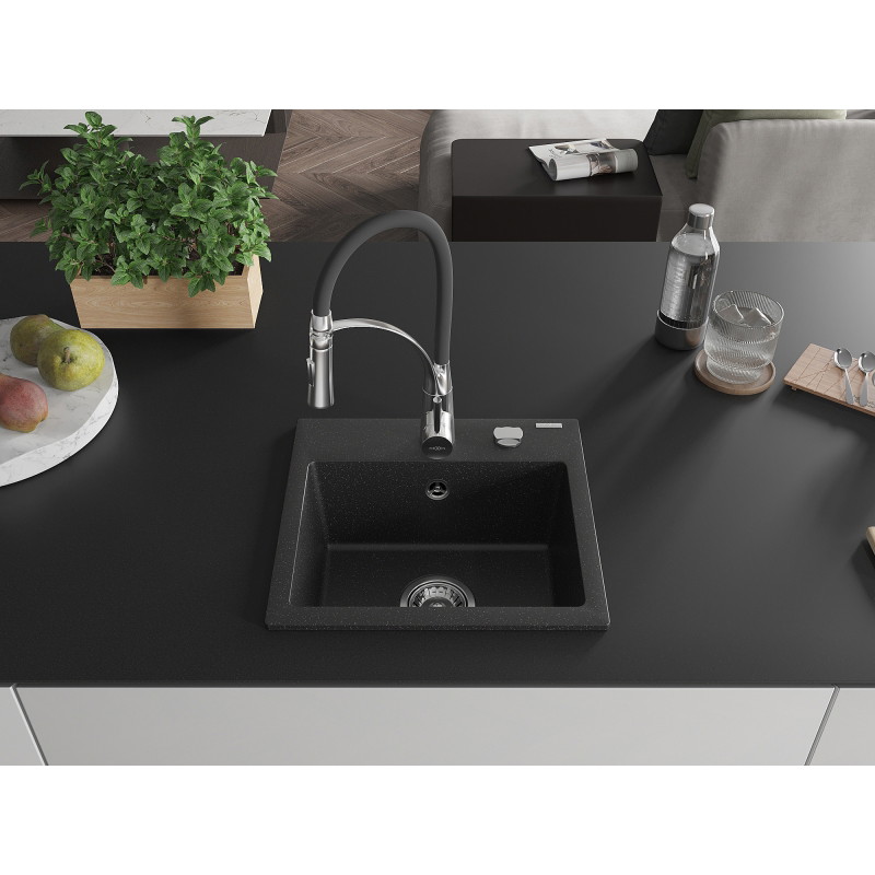 Mexen Milo granit gootsteen 1-komor met keukenmengkraan Aster, zwart/zilveren metallic - 6505-73-73450-07