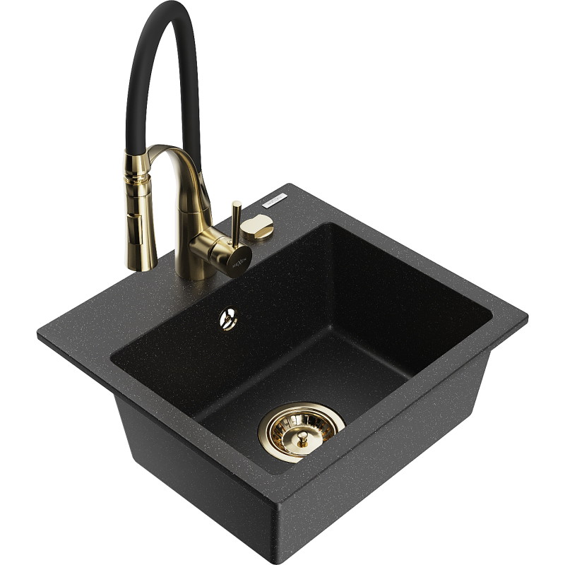 Mexen Milo granitische spoelbak met 1 compartiment met keukenmengkraan Aster, zwart/zilver metallic - 6505-73-73450-57-G