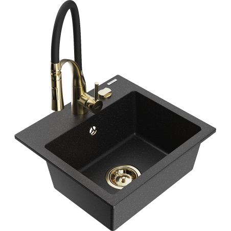 Mexen Milo Granite Kitchen Sink 1-Bowl with Aster Kitchen Tap, Black/Silver Metallic - 6505-73-73450-57-G