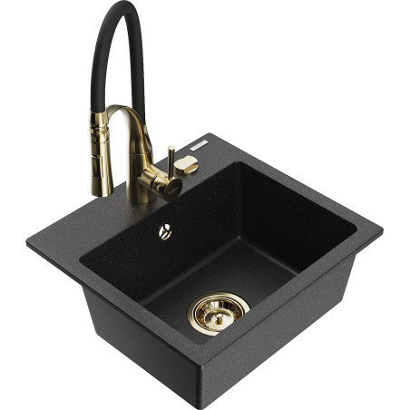 Mexen Milo granitspüle 1-beckig mit küchenarmatur Aster, schwarz/silber-metallic - 6505-73-73450-57-G