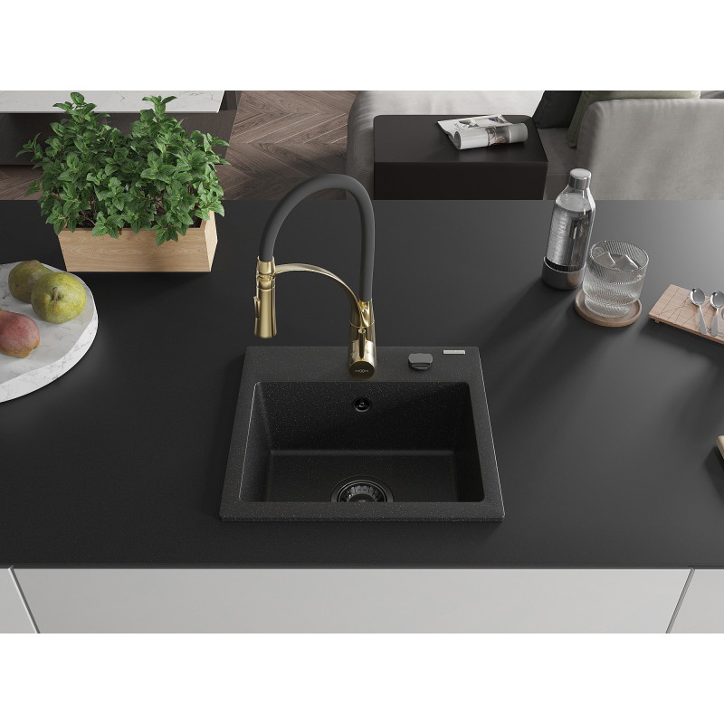 Mexen Milo fregadero de granito de 1 compartimento con grifo de cocina Aster, negro/plateado metálico - 6505-73-73450-57-B