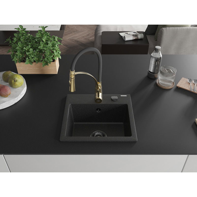 Mexen Milo Granite Kitchen Sink 1-Bowl with Aster Kitchen Faucet, Black/Silver Metallic - 6505-73-73450-57-B
