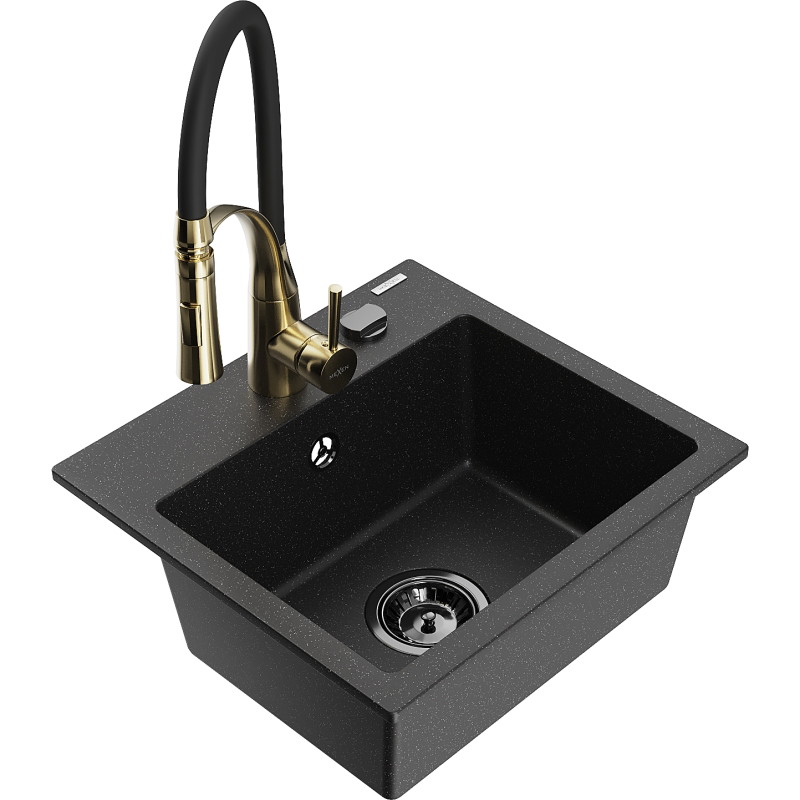 Mexen Milo fregadero de granito de 1 cubeta con grifo de cocina Aster, negro/plateado metálico - 6505-73-73450-57-B