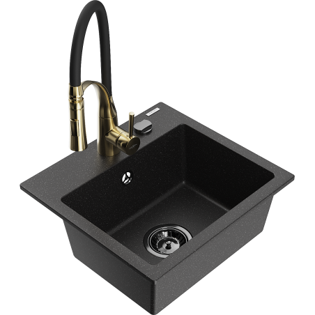 Mexen Milo fregadero de granito de 1 cubeta con grifo de cocina Aster, negro/plateado metálico - 6505-73-73450-57-B