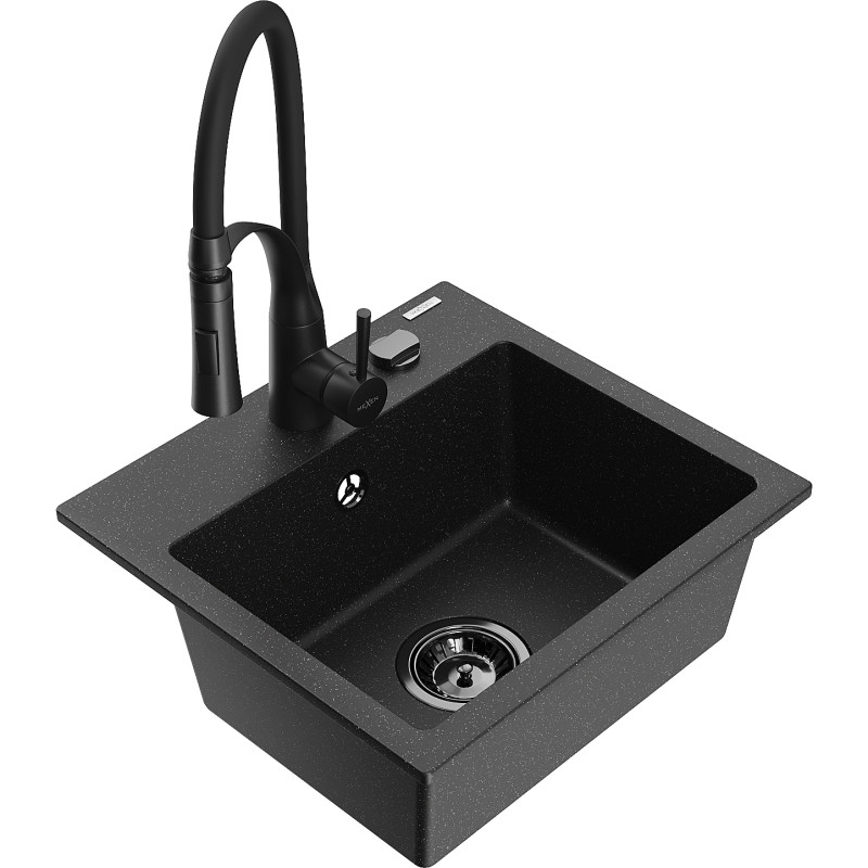 Mexen Milo granit gootsteen 1-komor met keukenmengkraan Aster, zwart/zilveren metallic - 6505-73-73450-70-B