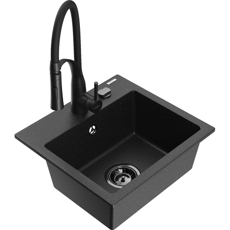Mexen Milo granite sink single bowl with Aster kitchen tap, black/silver metallic - 6505-73-73450-70-B