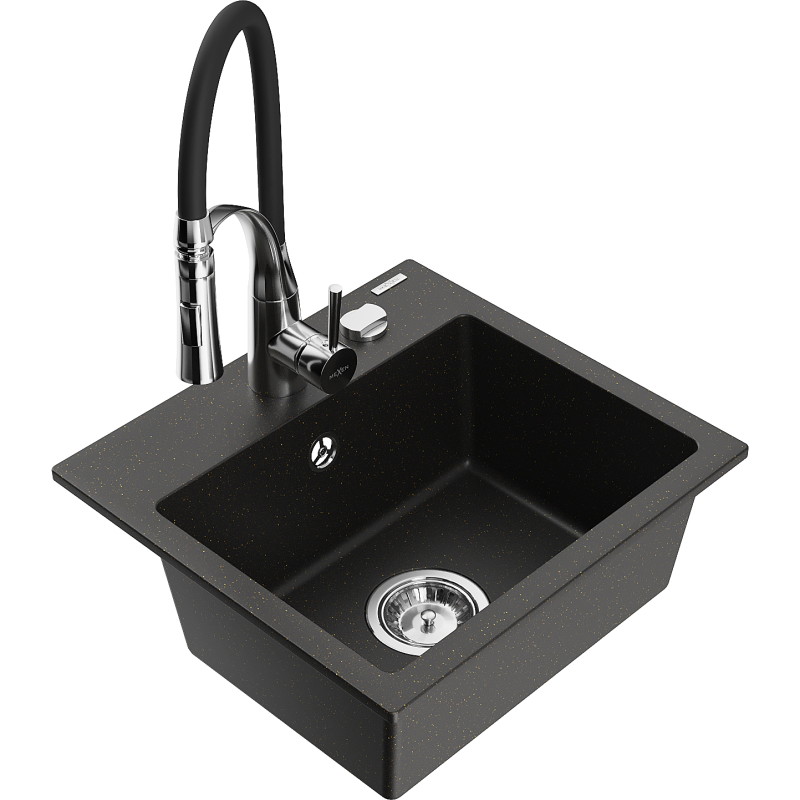 Mexen Milo granieten gootsteen 1-komorige met keukenmengkraan Aster, zwart/goud metallic - 6505-75-73450-07