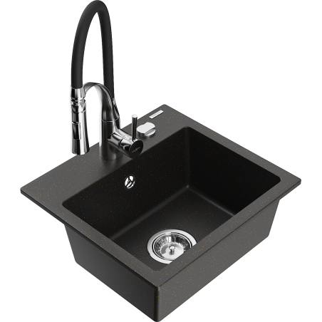 Mexen Milo 1-bowl granite sink with kitchen faucet Aster, black/gold metallic - 6505-75-73450-07
