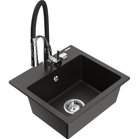 Mexen Milo granieten gootsteen met 1 bak en keukenkraan Aster, zwart/goud metallic - 6505-75-73450-07