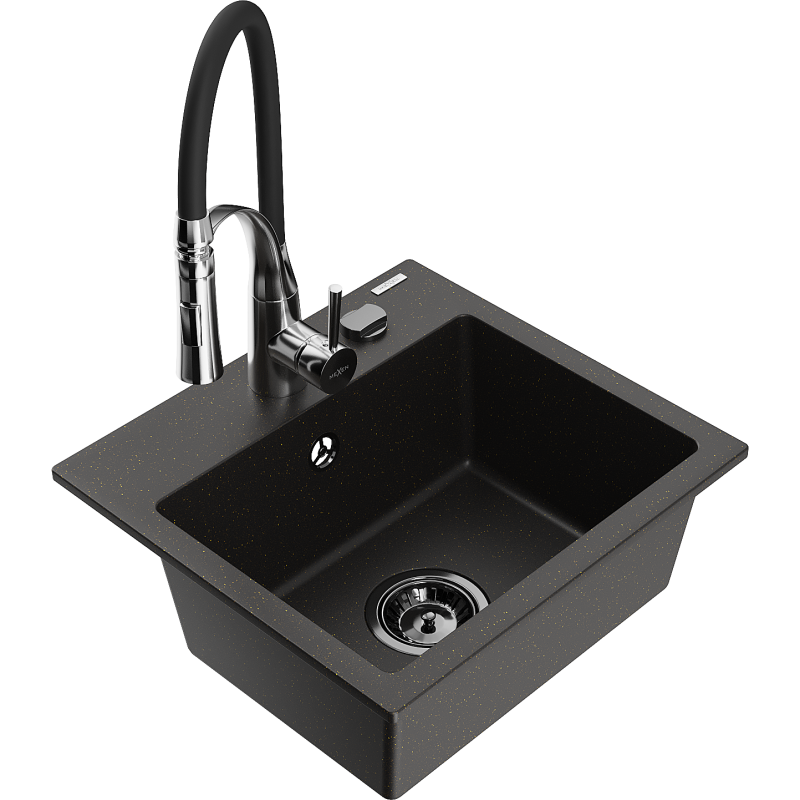 Mexen Milo 1-bowl granite sink with Aster kitchen tap, black/gold metallic - 6505-75-73450-07-B