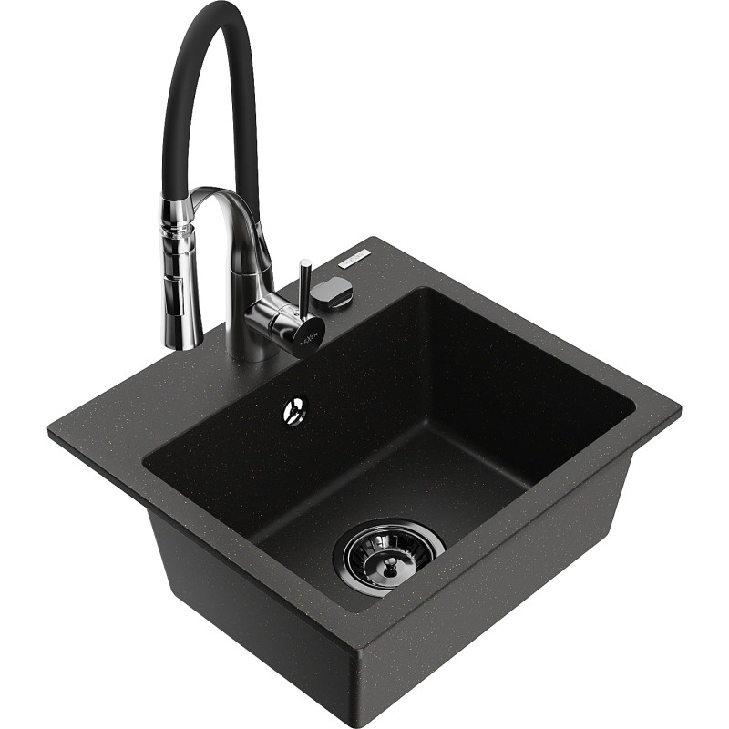 Mexen Milo granieten spoelbak 1-komor met keukenmengkraan Aster, zwart/goud metallic - 6505-75-73450-07-B