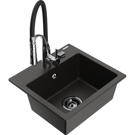 Mexen Milo évier de cuisine en granit 1 bac avec robinet de cuisine Aster, noir/doré métallique - 6505-75-73450-07-B