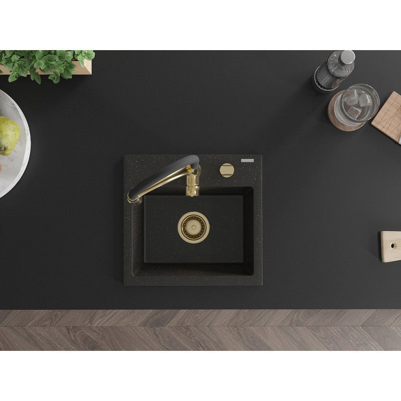 Mexen Milo lavello in granito 1-vasca con rubinetto da cucina Aster, nero/oro metallico - 6505-75-73450-57-G