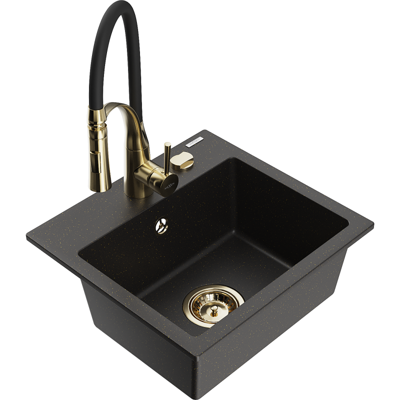 Mexen Milo Granitspüle 1-Becken mit Küchenarmatur Aster, schwarz/gold metallic - 6505-75-73450-57-G