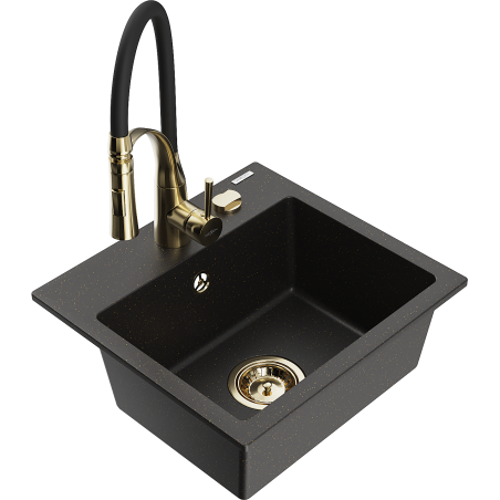 Mexen Milo Granitspüle 1-Becken mit Küchenarmatur Aster, schwarz/gold metallic - 6505-75-73450-57-G