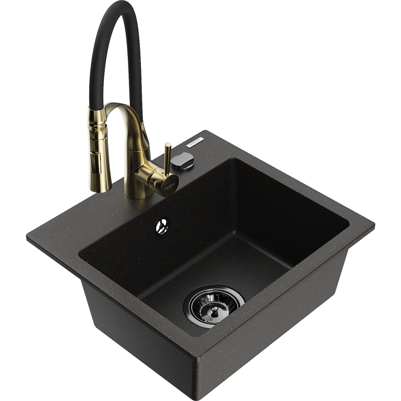 Mexen Milo fregadero de granito de 1 cubeta con grifo de cocina Aster, negro/dorado metálico - 6505-75-73450-57-B