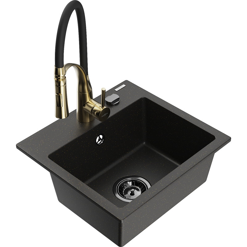 Mexen Milo fregadero de granito de 1 seno con grifo de cocina Aster, negro/oro metálico - 6505-75-73450-57-B