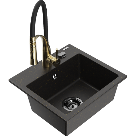Mexen Milo granite kitchen sink 1-bowl with Aster kitchen tap, black/gold metallic - 6505-75-73450-57-B
