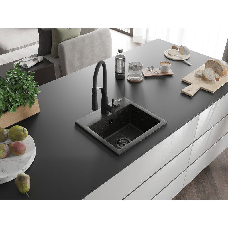 Mexen Milo granieten spoelbak 1-komerig met keukenkraan Aster, zwart/gouden metallic - 6505-75-73450-70-B
