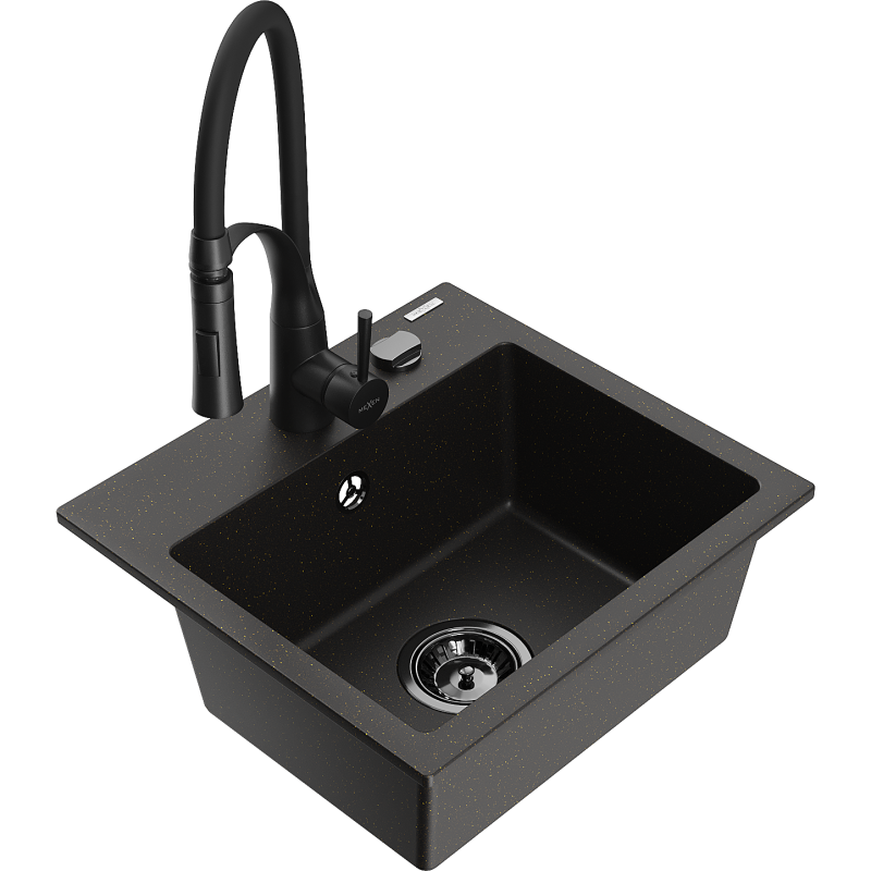 Mexen Milo fregadero de granito de 1 seno con grifo de cocina Aster, negro/dorado metálico - 6505-75-73450-70-B