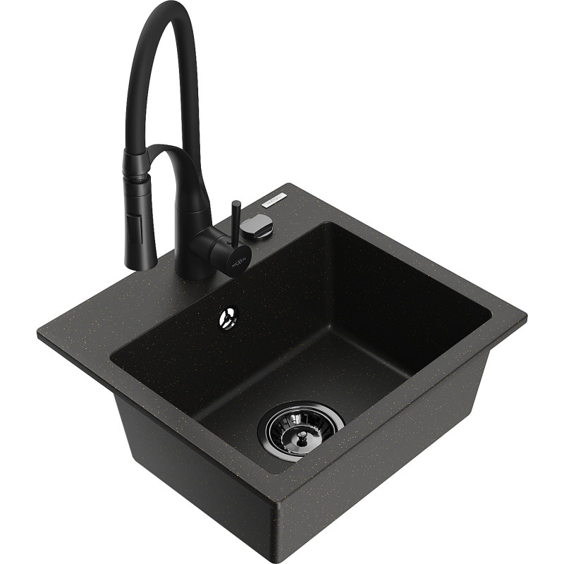 Mexen Milo granieten spoelbak met 1 kom en keukenmengkraan Aster, zwart/gouden metallic - 6505-75-73450-70-B
