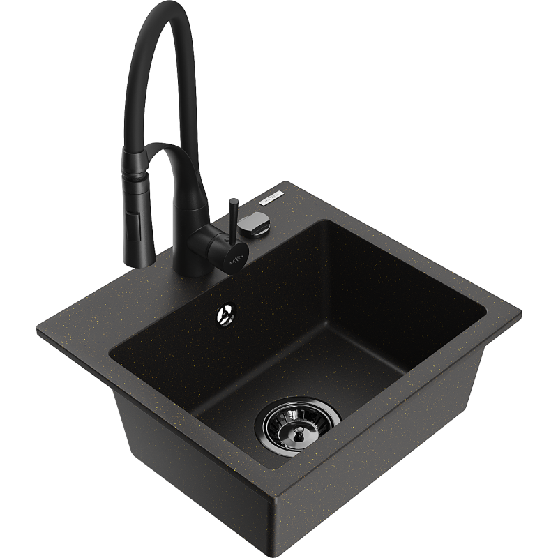 Mexen Milo lava-loiça de granito de uma cuba com torneira de cozinha Aster, preto/dourado metálico - 6505-75-73450-70-B
