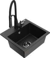 Mexen Milo granieten spoelbak 1-komerig met keukenkraan Aster, zwart/gouden metallic - 6505-75-73450-70-B