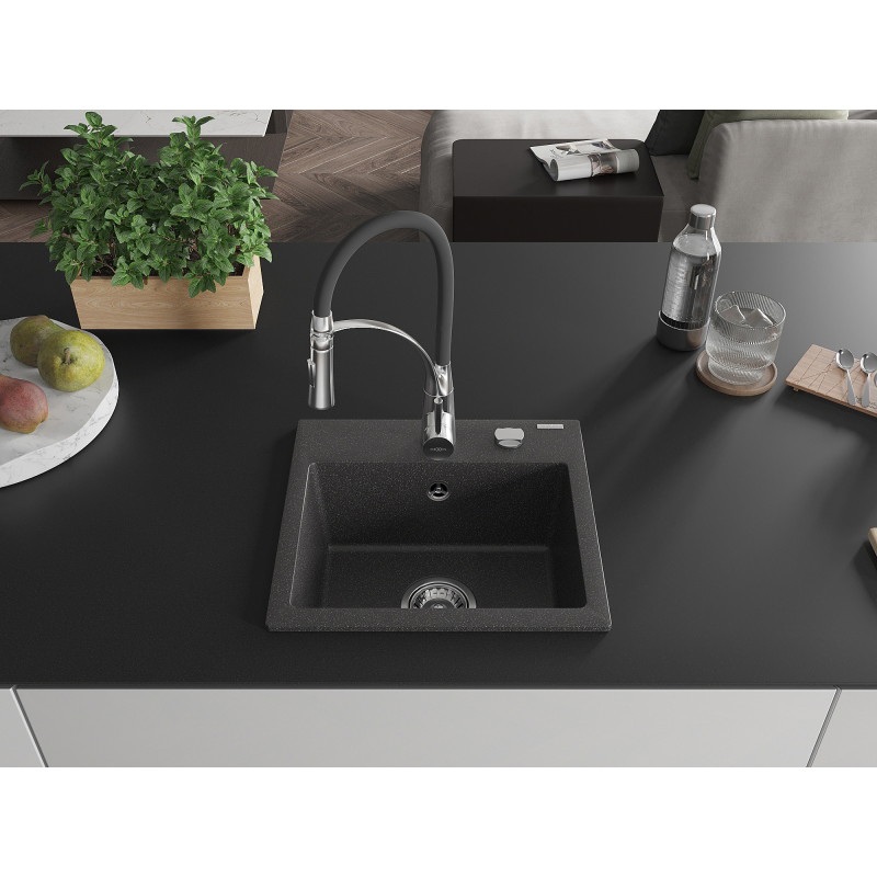 Mexen Milo granitische spoelbak met 1 kamer met keukenmengkraan Aster, zwart gespikkeld - 6505-76-73450-07