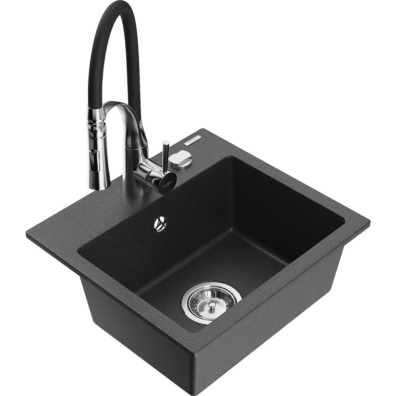 Mexen Milo évier en granit 1 bac avec robinet de cuisine Aster, noir moucheté - 6505-76-73450-07