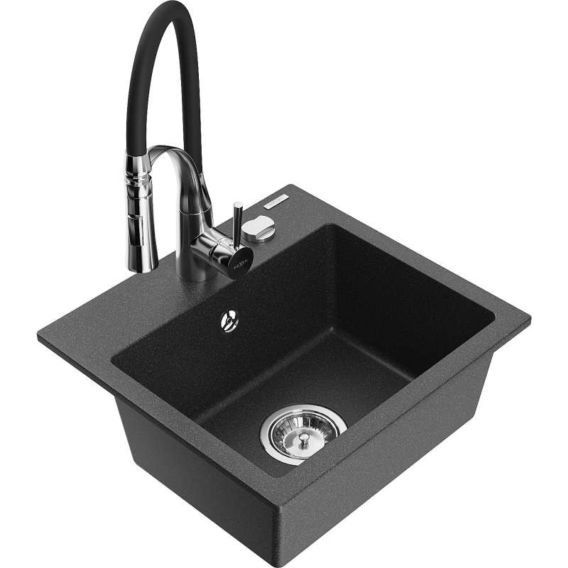 Mexen Milo granieten spoelbak met 1 kom en keukenmengkraan Aster, zwart gespikkeld - 6505-76-73450-07