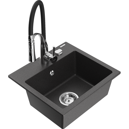 Mexen Milo évier en granit 1 bac avec robinet de cuisine Aster, noir moucheté - 6505-76-73450-07