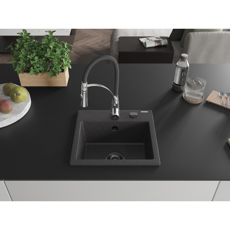 Mexen Milo granitische spoelbak met 1 compartiment en keukenmengkraan Aster, zwart gespikkeld - 6505-76-73450-07-B