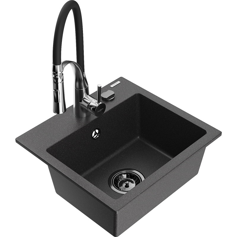 Mexen Milo fregadero de granito de 1 compartimento con grifo de cocina Aster, negro moteado - 6505-76-73450-07-B