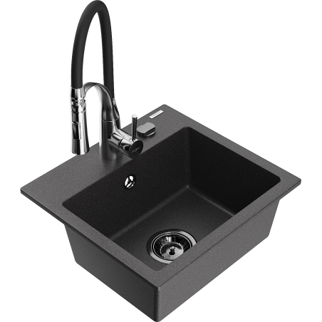 Mexen Milo 1-bowl granite sink with Aster kitchen faucet, black speckled - 6505-76-73450-07-B