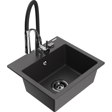 Mexen Milo Évier en granit 1 bac avec robinet de cuisine Aster, noir moucheté - 6505-76-73450-07-B