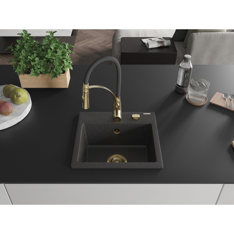 Mexen Milo fregadero de granito de 1 cubeta con grifo de cocina Aster, negro moteado - 6505-76-73450-57-G