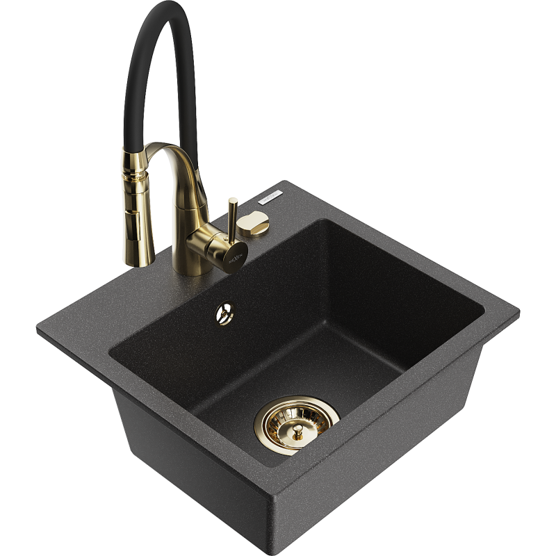 Mexen Milo fregadero de granito de 1 seno con grifo de cocina Aster, negro moteado - 6505-76-73450-57-G