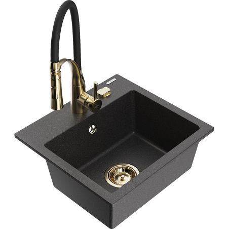Mexen Milo fregadero de granito de 1 cubeta con grifo de cocina Aster, negro moteado - 6505-76-73450-57-G