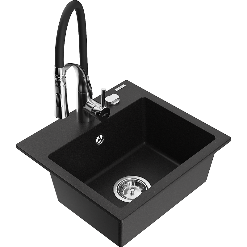 Mexen Milo Granitdiskbänk med 1-kammare och köksblandare Aster, svart - 6505-77-73450-07
