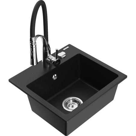 Mexen Milo fregadero de granito de 1 cubeta con grifo de cocina Aster, negro - 6505-77-73450-07