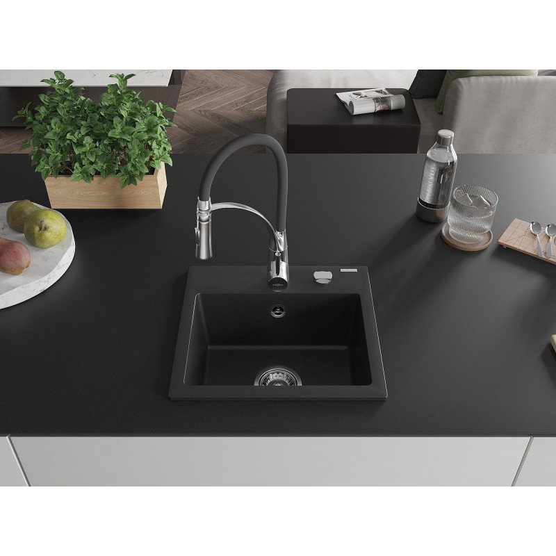 Mexen Milo fregadero de granito de 1 cubeta con grifo de cocina Aster, negro - 6505-77-73450-07