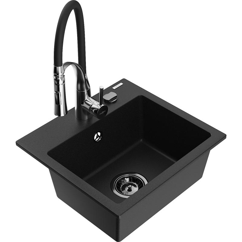 Mexen Milo 1-bowl granite kitchen sink with Aster tap, black - 6505-77-73450-07-B