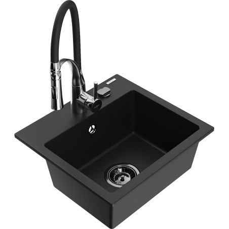 Mexen Milo fregadero de granito de 1 cubeta con grifo de cocina Aster, negro - 6505-77-73450-07-B
