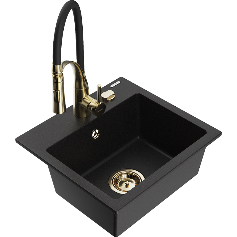 Mexen Milo évier en granit à 1 bac avec robinet de cuisine Aster, noir - 6505-77-73450-57-G
