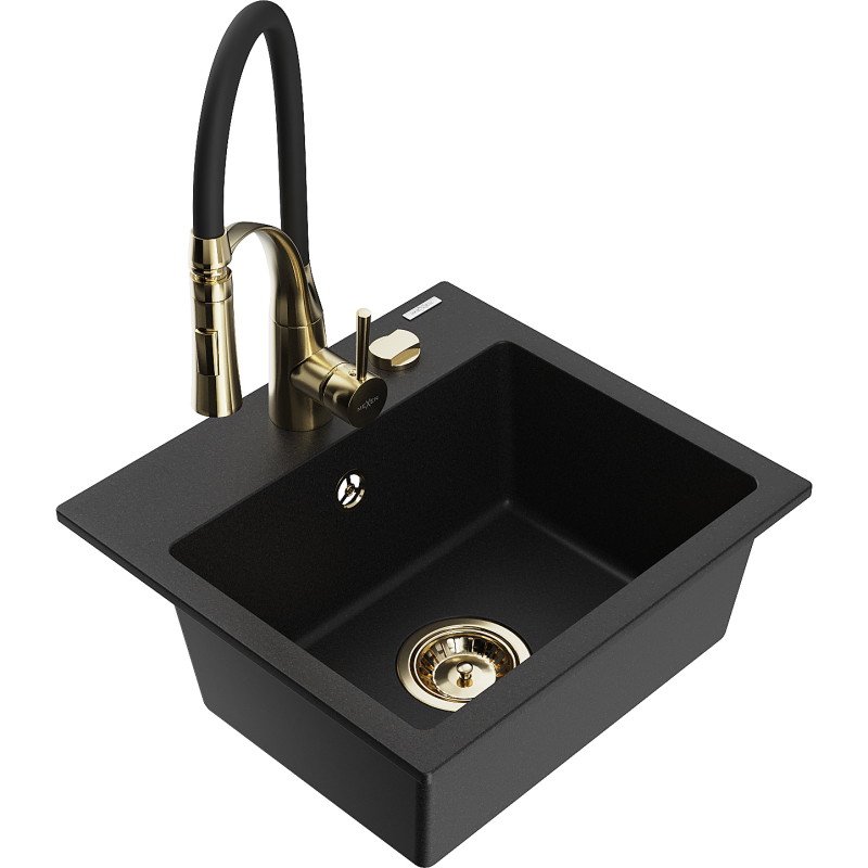 Mexen Milo fregadero de granito de 1 compartimento con grifo de cocina Aster, negro - 6505-77-73450-57-G