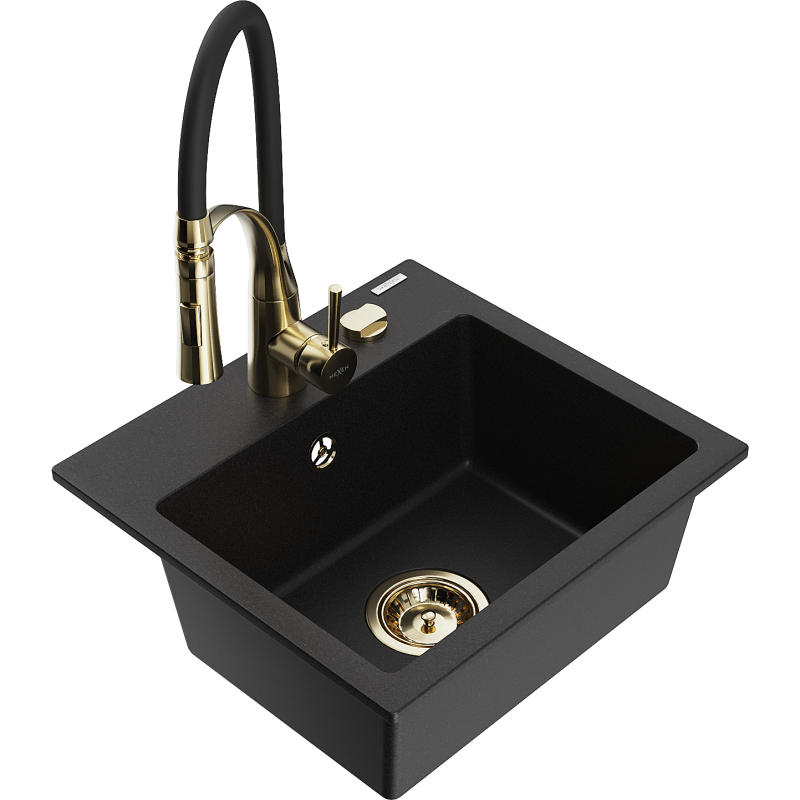 Mexen Milo lava-louça de granito de 1 cuba com torneira de cozinha Aster, preto - 6505-77-73450-57-G