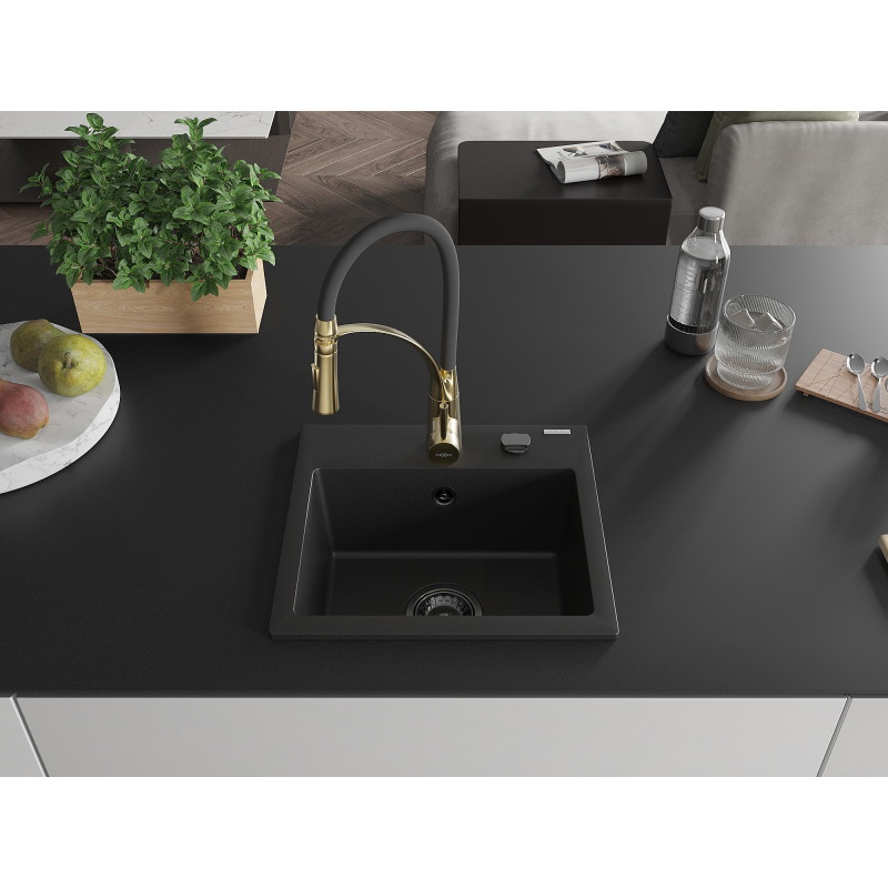 Mexen Milo granit wastafel 1-baks met keukenmengkraan Aster, zwart - 6505-77-73450-57-B