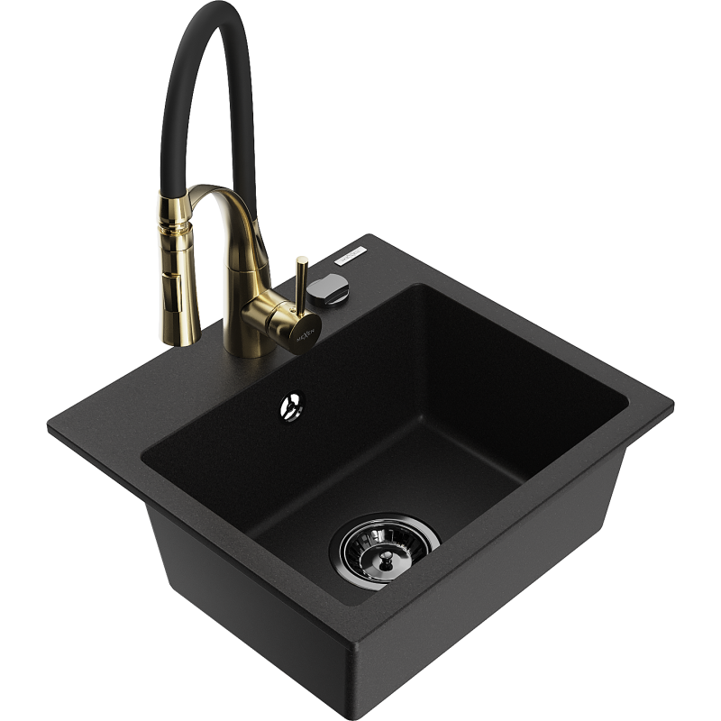 Mexen Milo évier en granit 1 bac avec robinet de cuisine Aster, noir - 6505-77-73450-57-B
